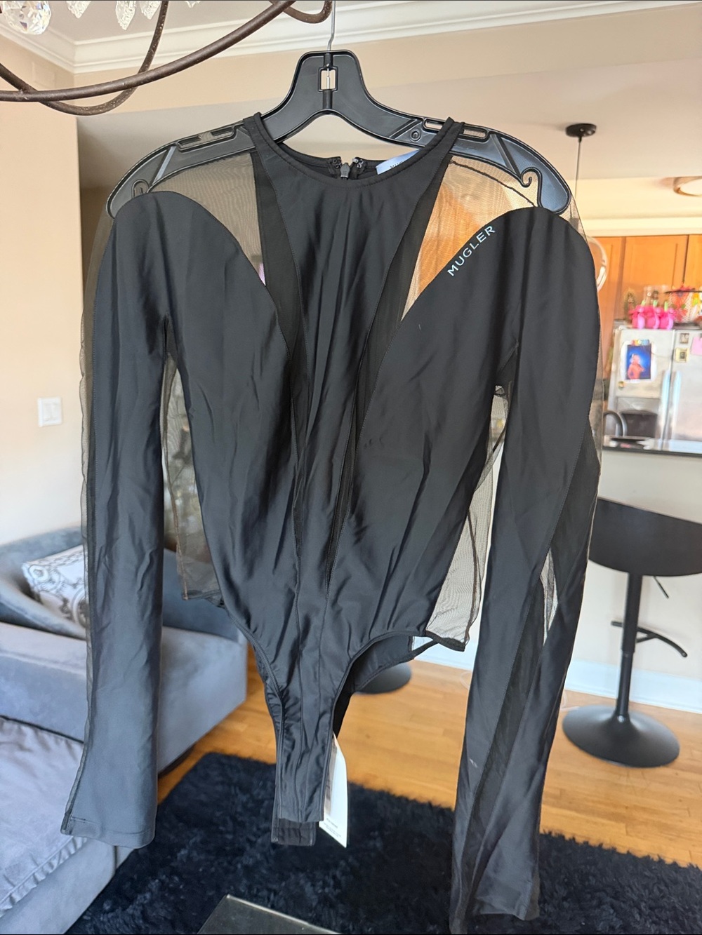 Mugler Black woman’s Long-Sleeve Mesh-Panel Swim Rash Guard Brand New w Tags